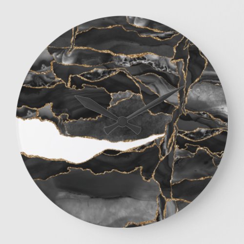 Black and Gold Glitter Agate Large Clock