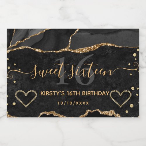 Black and Gold Glitter Agate Marble Sweet 16  Sparkling Wine Label