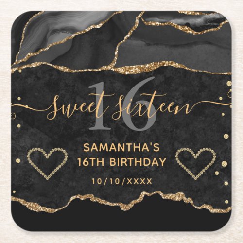 Black and Gold Glitter Agate Marble Sweet 16 Square Paper Coaster