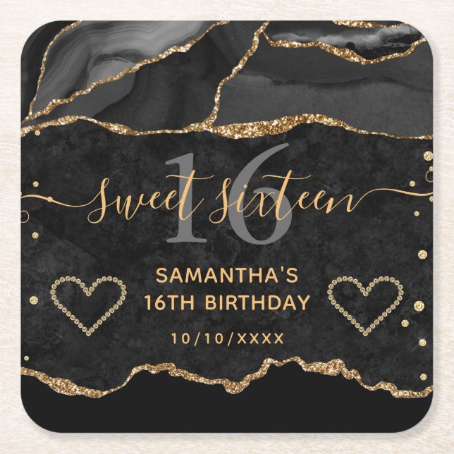 Black and Gold Glitter Agate Marble Sweet 16 Square Paper Coaster (Front)