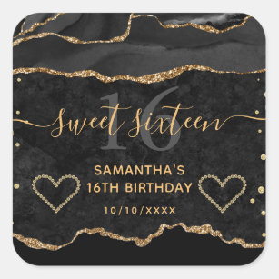 Black and Gold Glitter Agate Marble Sweet 16 Square Sticker