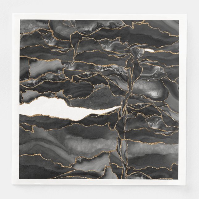 Black and Gold Glitter Agate Paper Dinner Napkins (Front)
