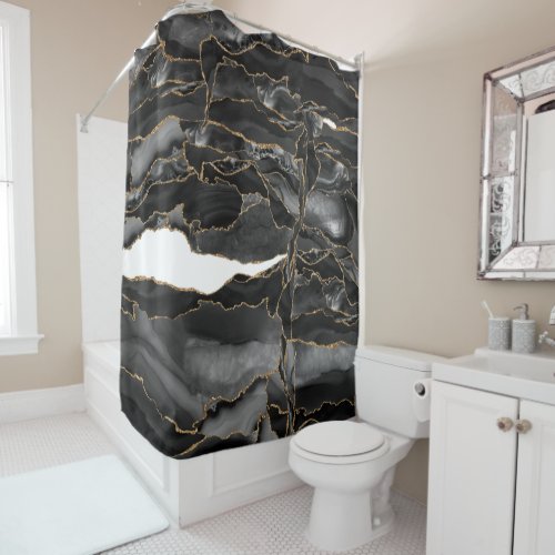 Black and Gold Glitter Agate Shower Curtain
