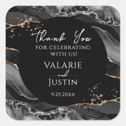 Black and Gold Glitter Agate Thank You Square Sti Square Sticker