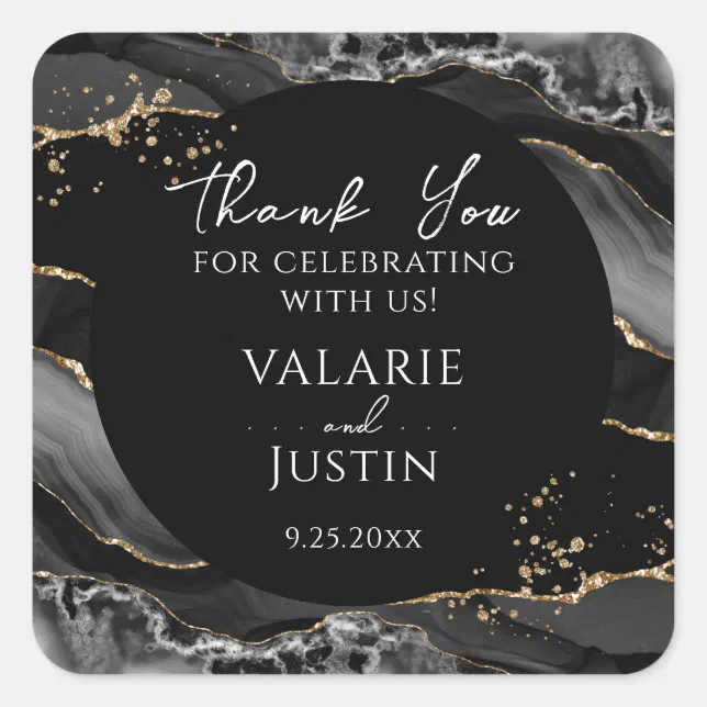Black and Gold Glitter Agate Thank You Square Sti Square Sticker | Zazzle