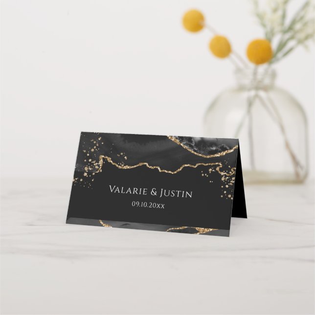 Black and Gold Glitter Agate Wedding Place Card (Front)