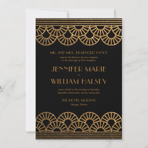 Black and Gold Glitter Art Deco Fan Wedding Invitation