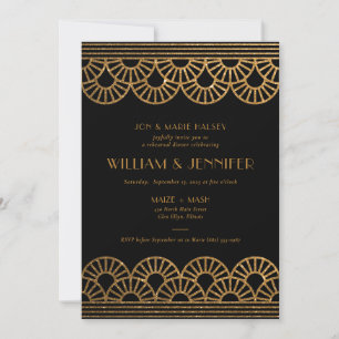 Black and Gold Glitter Art Deco Rehearsal Dinner Invitation
