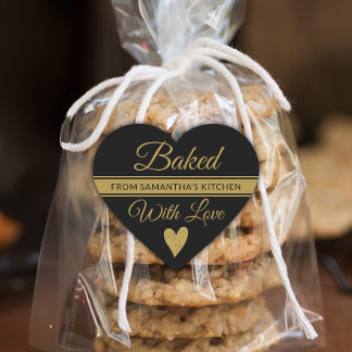 Black And Gold Glitter Baked With Love Name  Heart Sticker