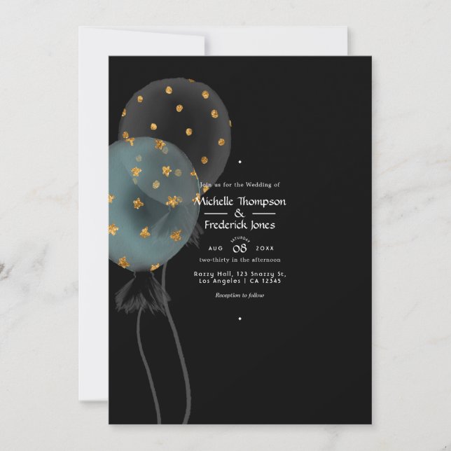 Black and Gold Glitter Balloon Wedding Invitation (Front)