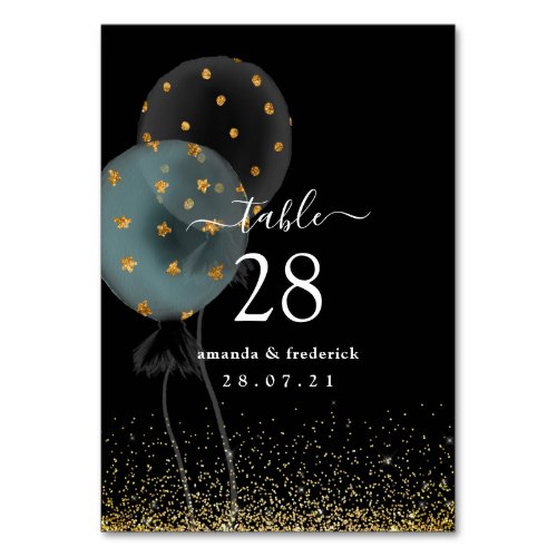 Black and Gold Glitter Balloon Wedding Table Number
