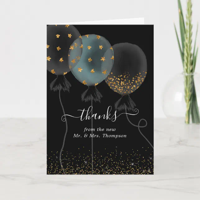Black and Gold Glitter Balloon Wedding Thank You Card | Zazzle