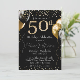 Black and Gold Glitter Balloons 50th Birthday Invitation