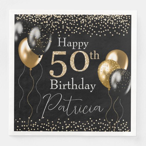 Black and Gold Glitter Balloons 50th Birthday Paper Dinner Napkins