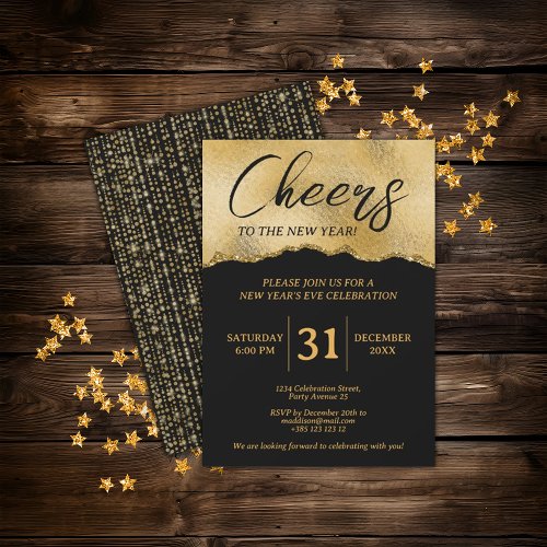 Black And Gold Glitter Cheers New Years Eve Invitation