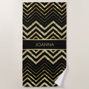 Black And Gold Glitter Chevron Beach Towel