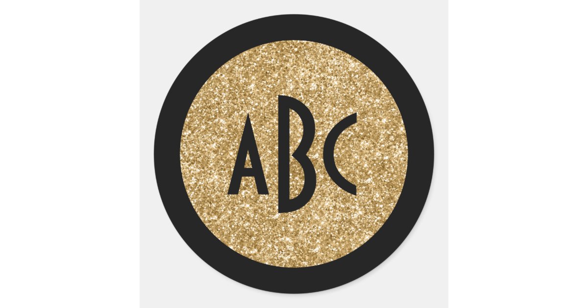 Black and Gold Glitter Circle Monogram Classic Round Sticker | Zazzle