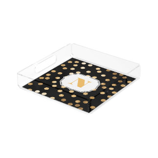 Black and Gold Glitter City Dots Monogram Tray