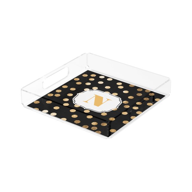 Black and Gold Glitter City Dots Monogram Tray (Angled)