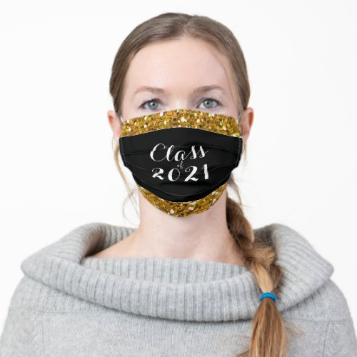 Black and Gold Glitter Class of 2021 Adult Cloth Face Mask