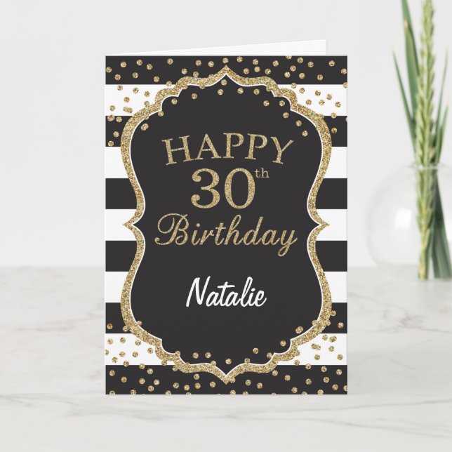 Black and Gold Glitter confetti 30th Birthday Card (Front)
