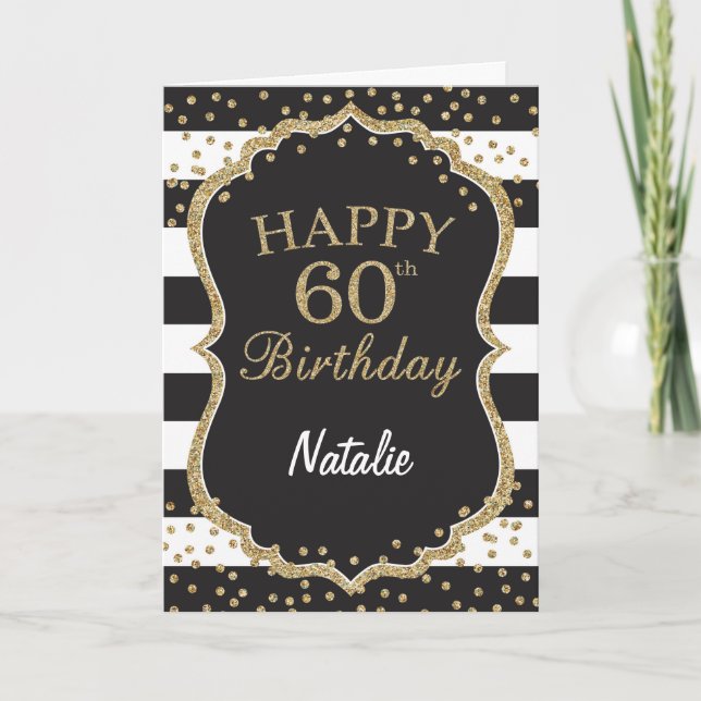 Black and Gold Glitter confetti 60th Birthday Card (Front)