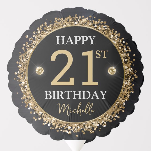Black and Gold Glitter Confetti Birthday Balloon (Front)