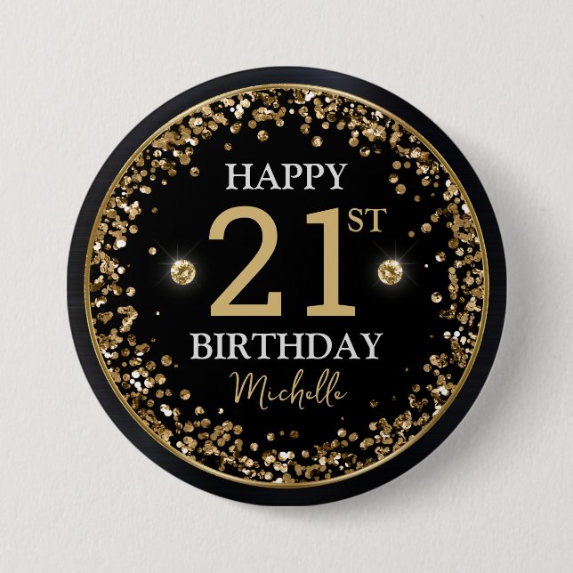 Black and Gold Glitter Confetti Birthday Button (Front)