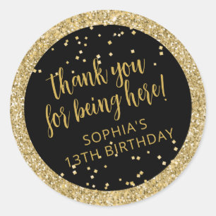 Black and Gold Glitter Confetti Birthday Thank You Classic Round Sticker