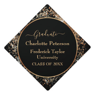 Black and Gold Glitter Confetti Graduation Cap Topper