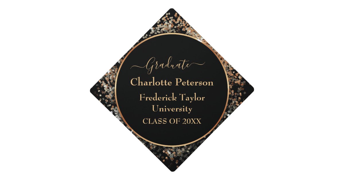 Black and Gold Glitter Confetti Graduation Cap Topper | Zazzle
