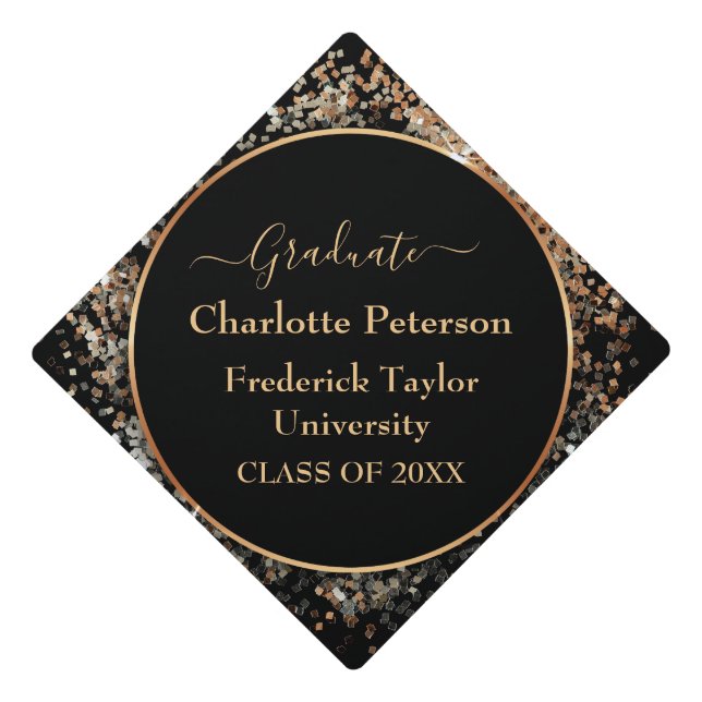 Black and Gold Glitter Confetti Graduation Cap Topper (Front)
