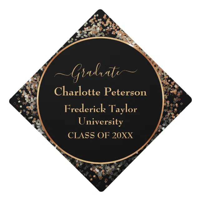 Black and Gold Glitter Confetti Graduation Cap Topper | Zazzle