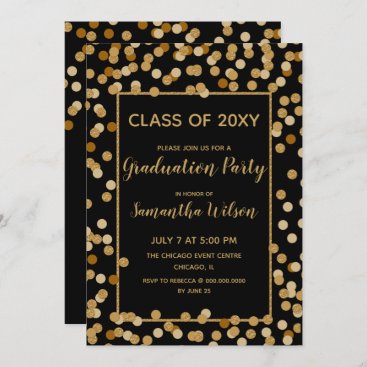 Black and Gold Glitter Confetti Graduation Party Invitation