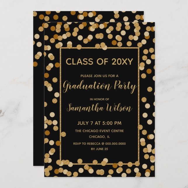 Black and Gold Glitter Confetti Graduation Party Invitation (Front/Back)
