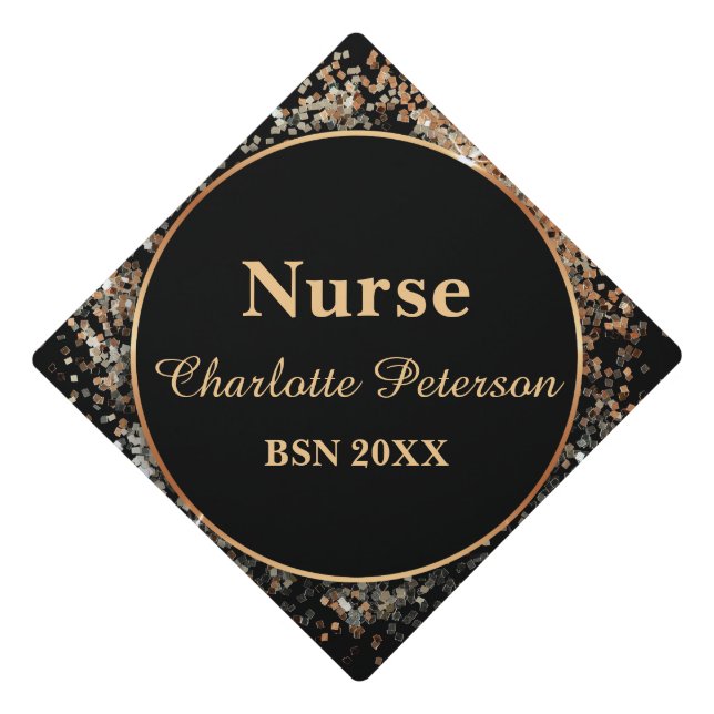 Black and Gold Glitter Confetti Nurse Graduation Cap Topper (Front)