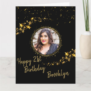 Black and gold glitter confetti photo birthday card