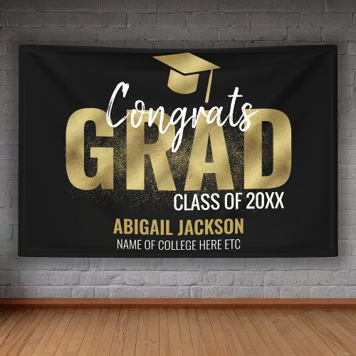 Black And Gold Glitter Congrats Grad Graduation Banner