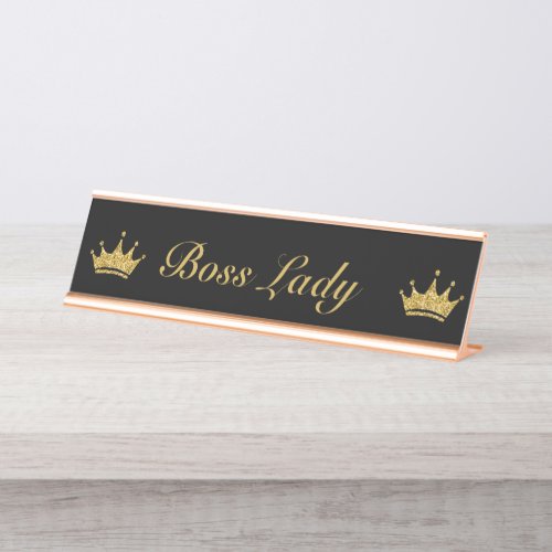 Black and Gold Glitter Crown Fun Royal Boss Lady  Desk Name Plate