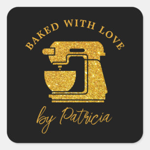 Black And Gold Glitter Custom Baked With Love Square Sticker