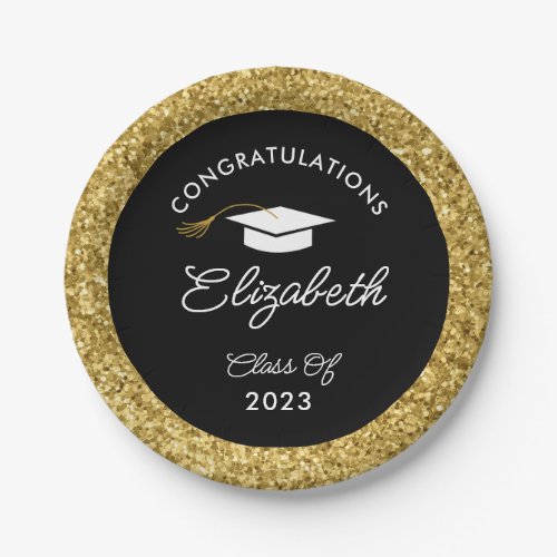 Black and Gold Glitter Custom Graduation Party Pap Paper Plates