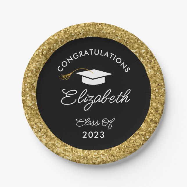 Black and Gold Glitter Custom Graduation Party Pap Paper Plates (Front)