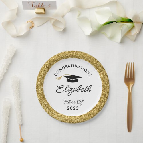 Black and Gold Glitter Custom Graduation Party Paper Plates