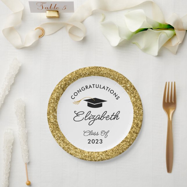 Black and Gold Glitter Custom Graduation Party Paper Plates (Wedding)