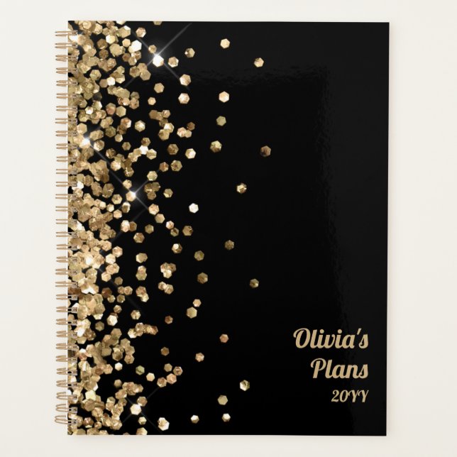 Black and Gold Glitter Custom Planner | Name Year (Front)