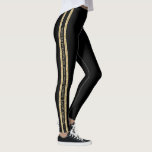 Black and Gold Glitter Custom Text Athletic Stripe Leggings<br><div class="desc">Solid black personalized leggings with a double athletic stripe in gold glitter with custom text in the middle that can be different on each side. Perfect for displaying your favorite quote, verse, inspirational mantra, team name, or add your name on repeat down the side of each leg! Legging color and...</div>
