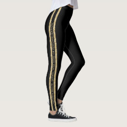 Black and Gold Glitter Custom Text Athletic Stripe Leggings