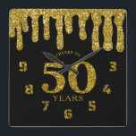 Black And Gold Glitter Drips Cheers to 50 Years Square Wall Clock<br><div class="desc">Trendy Black And Gold glitter clock with cheers to 50 years typography.</div>
