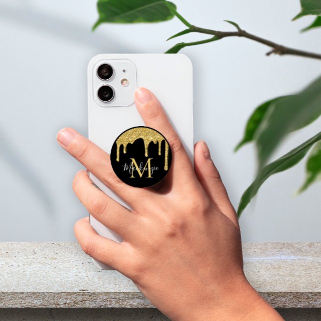 Black and Gold Glitter Drips Sparkle Monogram PopSocket (Creator Uploaded)