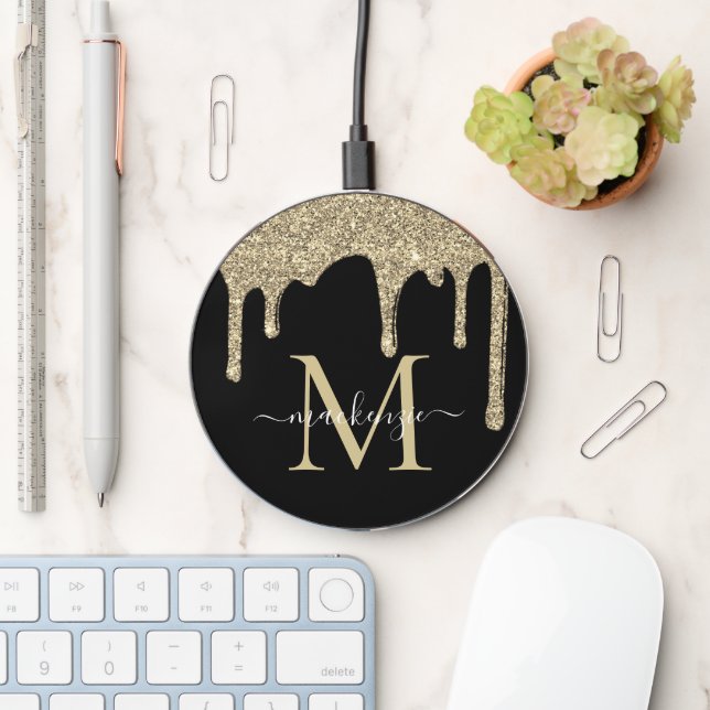 Black and Gold Glitter Drips Sparkle Monogram Wireless Charger (Desk)